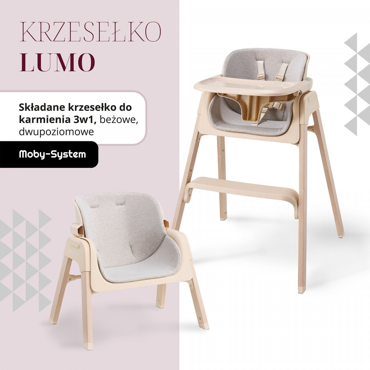 Składane krzesełko do karmienia Lumo 3w1, dwupoziomowe dla dziecka - Moby-System beżowe