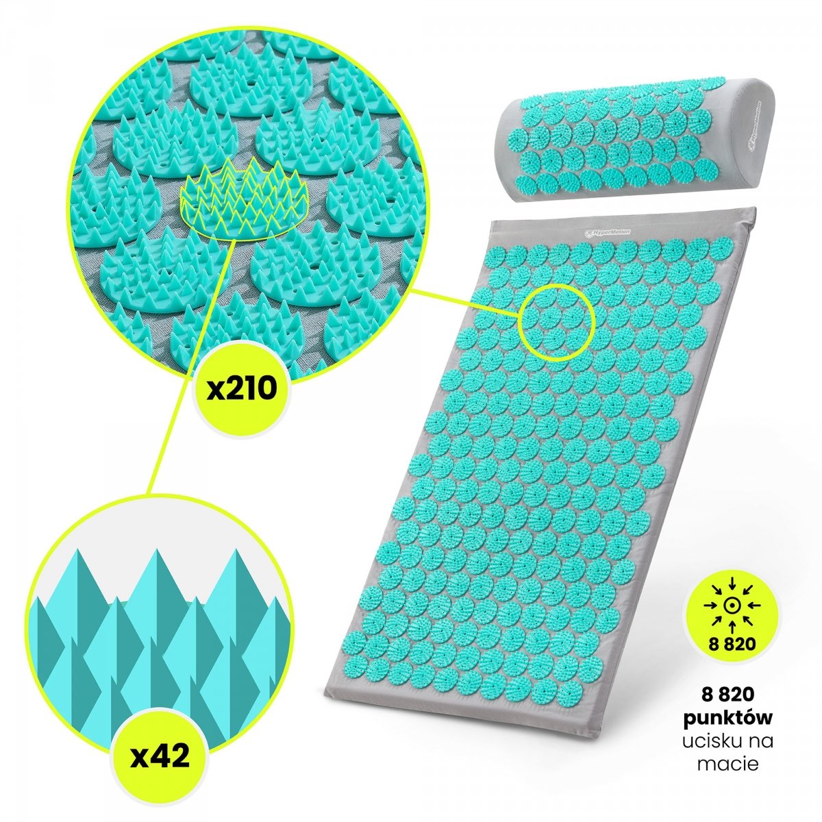 Mata do akupresury z poduszką i pokrowcem - 72 cm HyperMotion szaro-miętowa