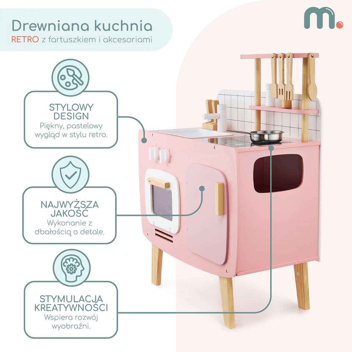 Drewniana kuchnia retro z fartuszkiem i akcesoriami - różowa
