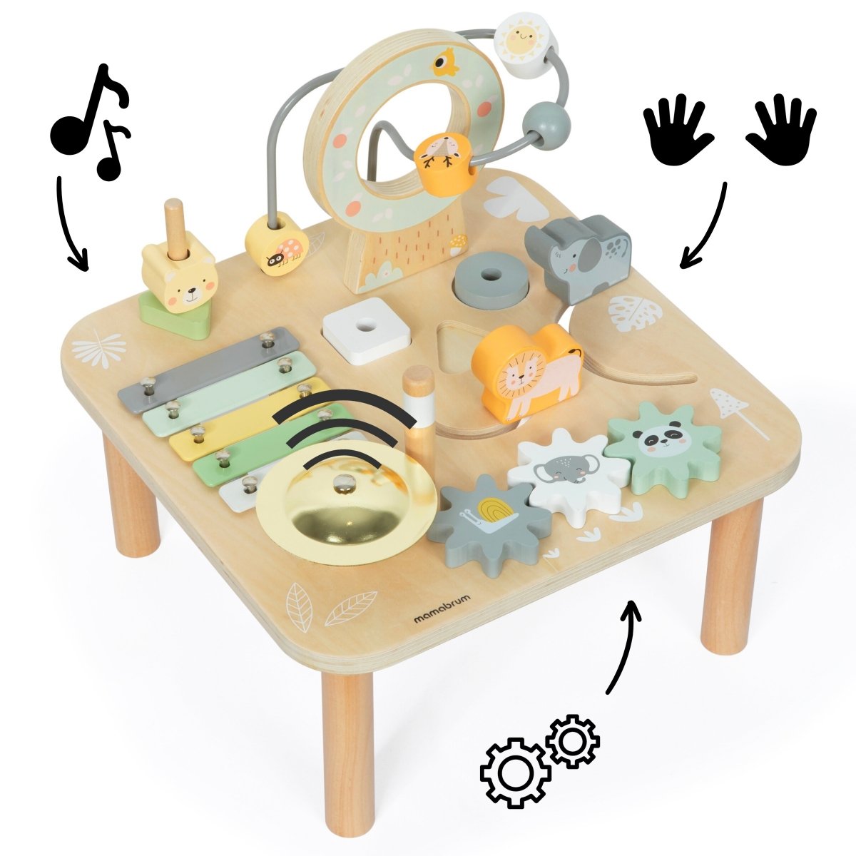 Drewniany stolik edukacyjny 7w1 muzyczny z cymbałkami i gongiem - dzika dżungla