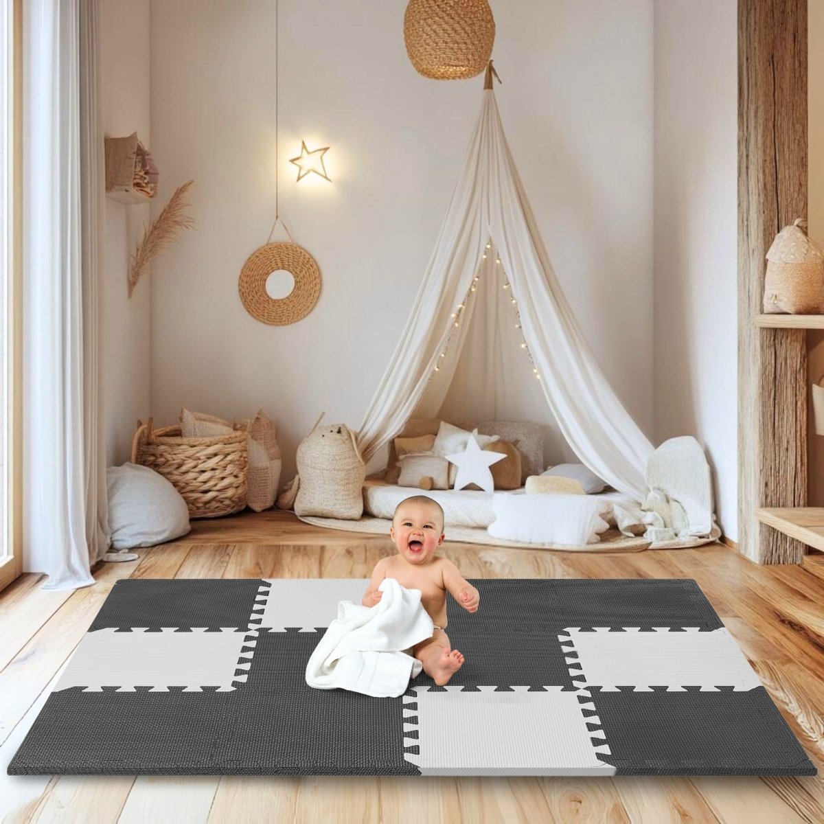 Piankowe puzzle 12szt. - piankowa mata edukacyjna 120 x 90 x 1.2cm z obrzeżem - szara