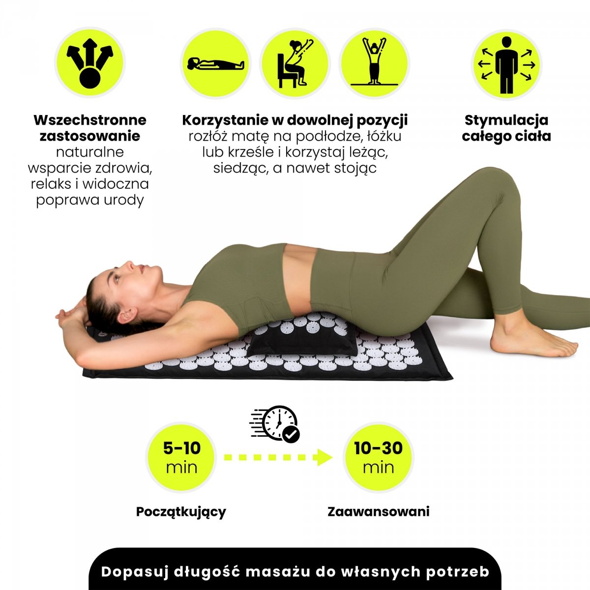 Mata do akupresury ECO lniana z włóknem kokosowym i poduszką z gryki – 68 cm HyperMotion czarno-biała