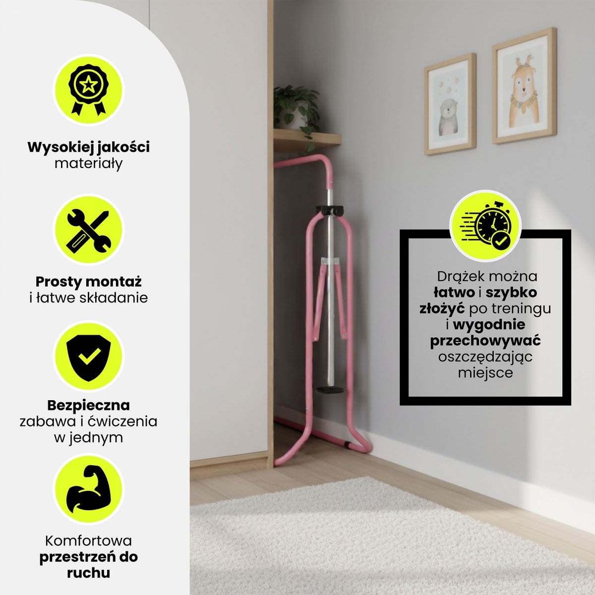 Regulowany drążek gimnastyczny dla dzieci - składany HyperMotion różowy