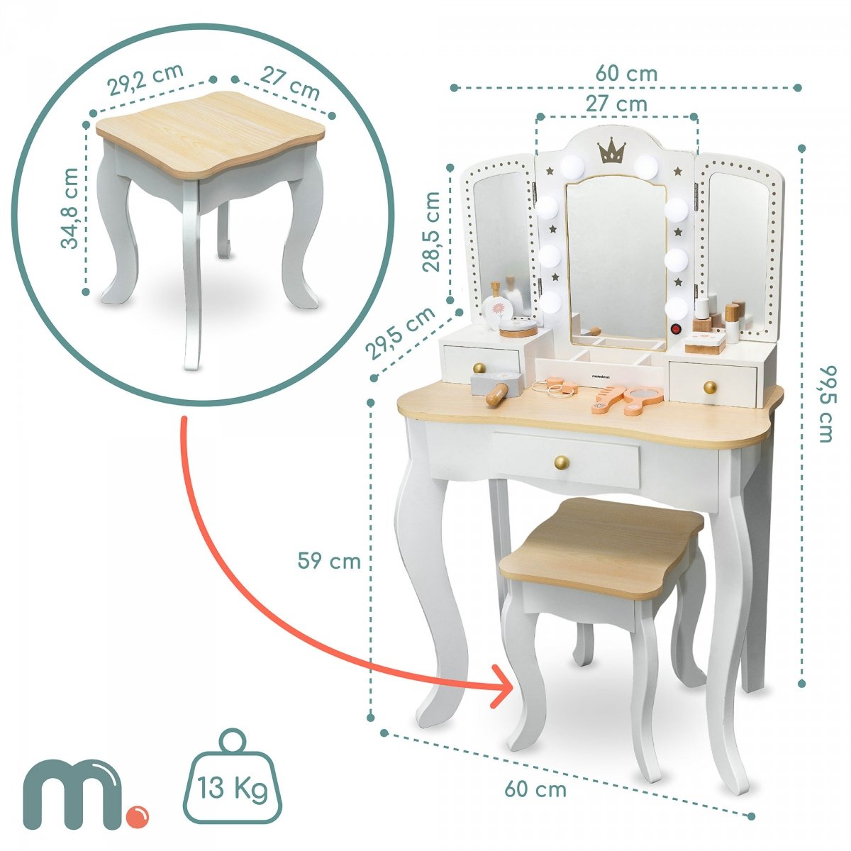 Drewniana toaletka XXL z taboretem i oświetleniem LED dla dzieci + akcesoria