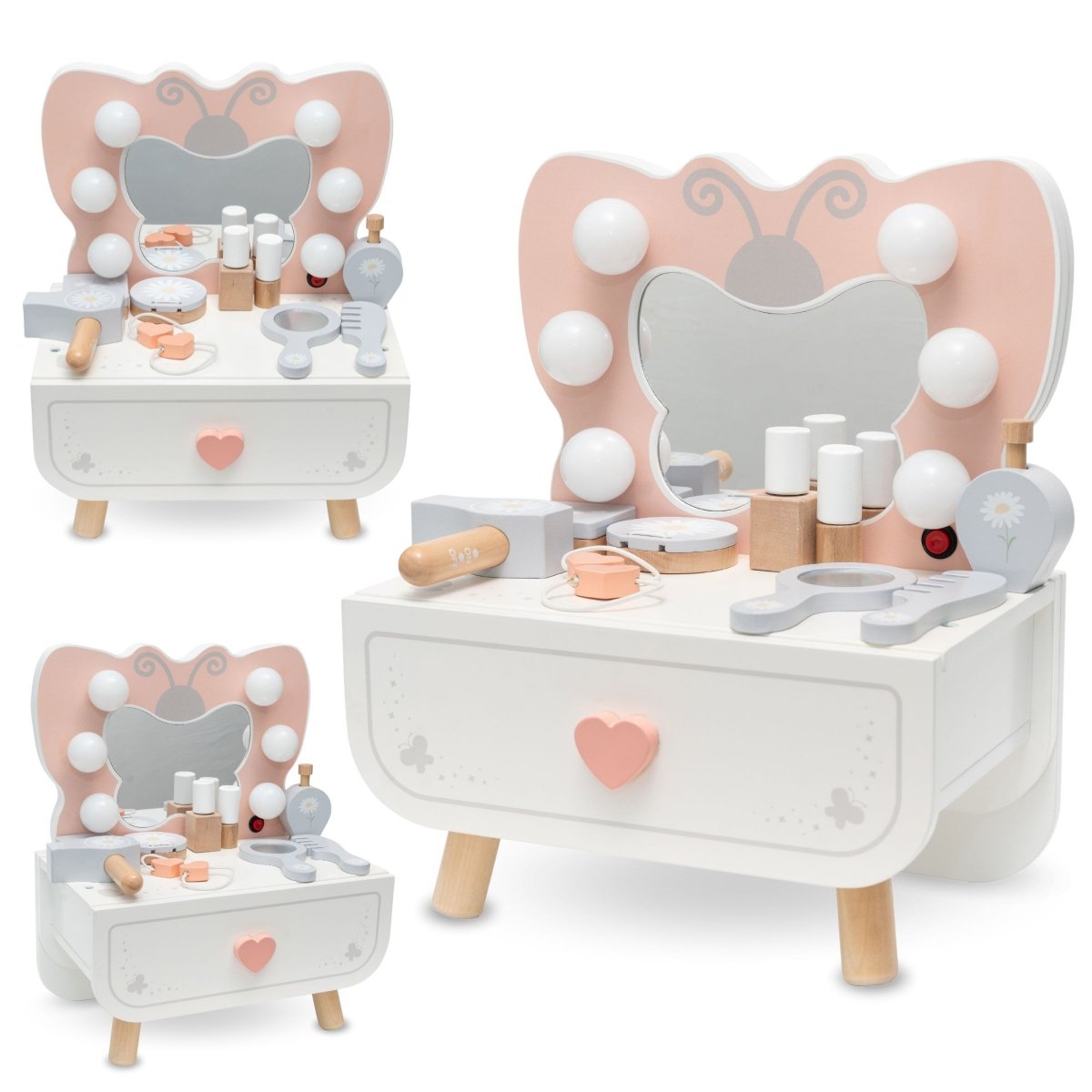 Drewniana mini toaletka z oświetleniem LED - Motylek