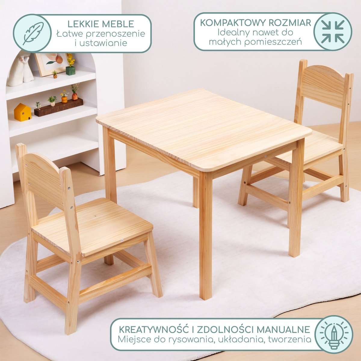 Drewniany stolik i 2 krzesełka - zestaw dla dzieci