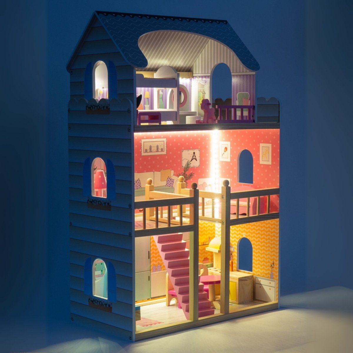 Duży drewniany 3-piętrowy domek dla lalek z tarasem, zestawem mebli i oświetleniem LED!