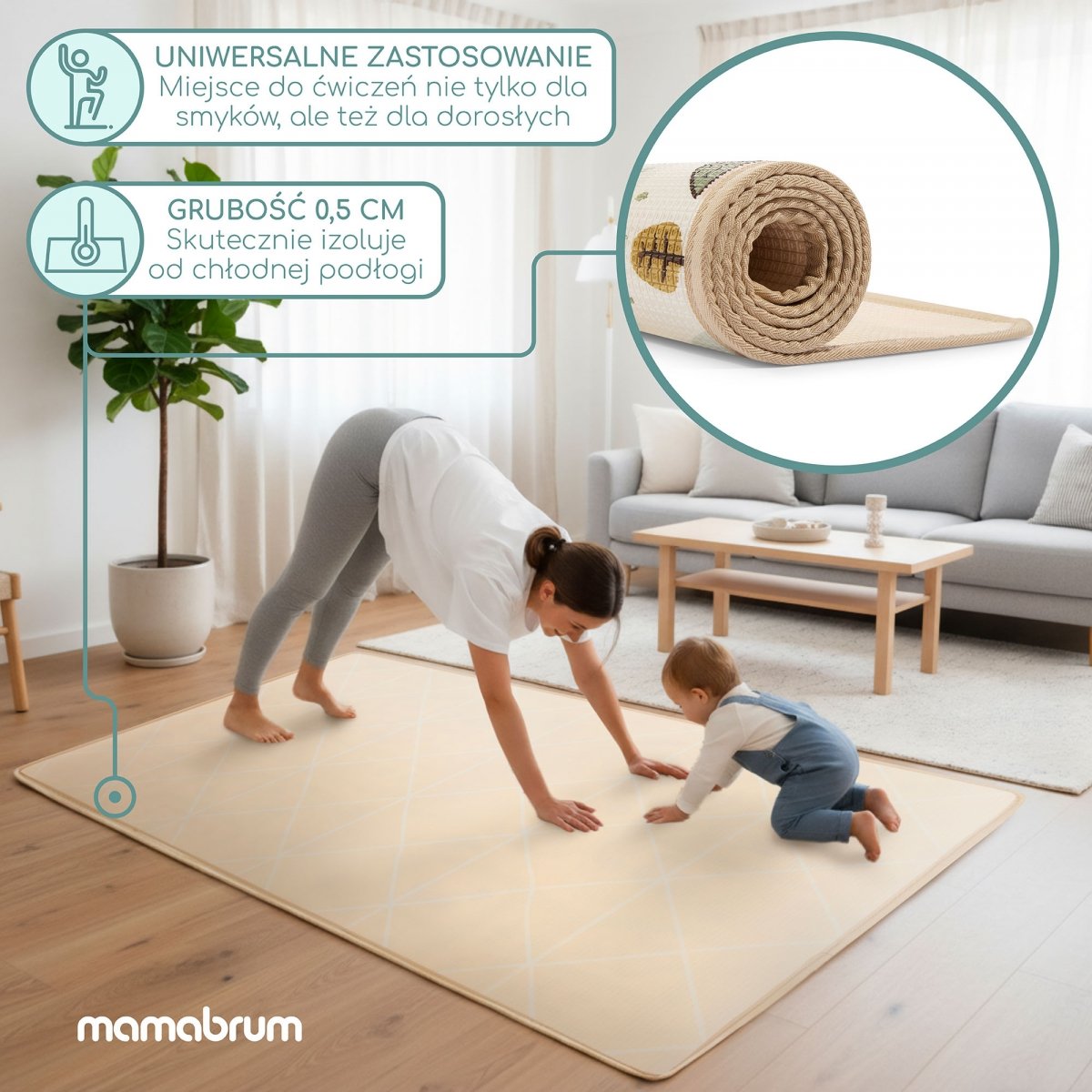 Dwustronna mata piankowa dla dzieci – Urocze miasteczko / Piaskowy beż