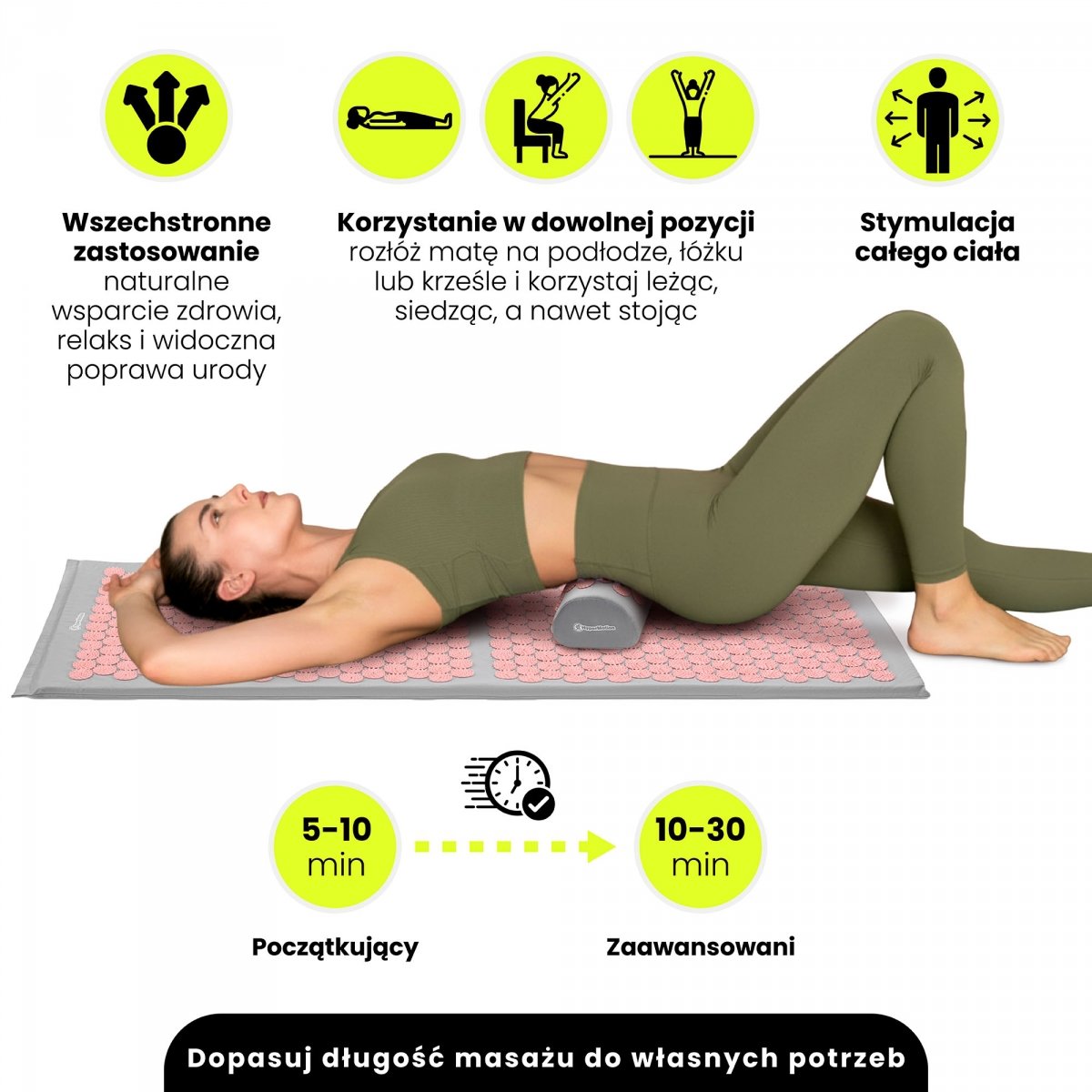 Duża mata do akupresury z poduszką i pokrowcem - 130 cm HyperMotion szaro-różowa
