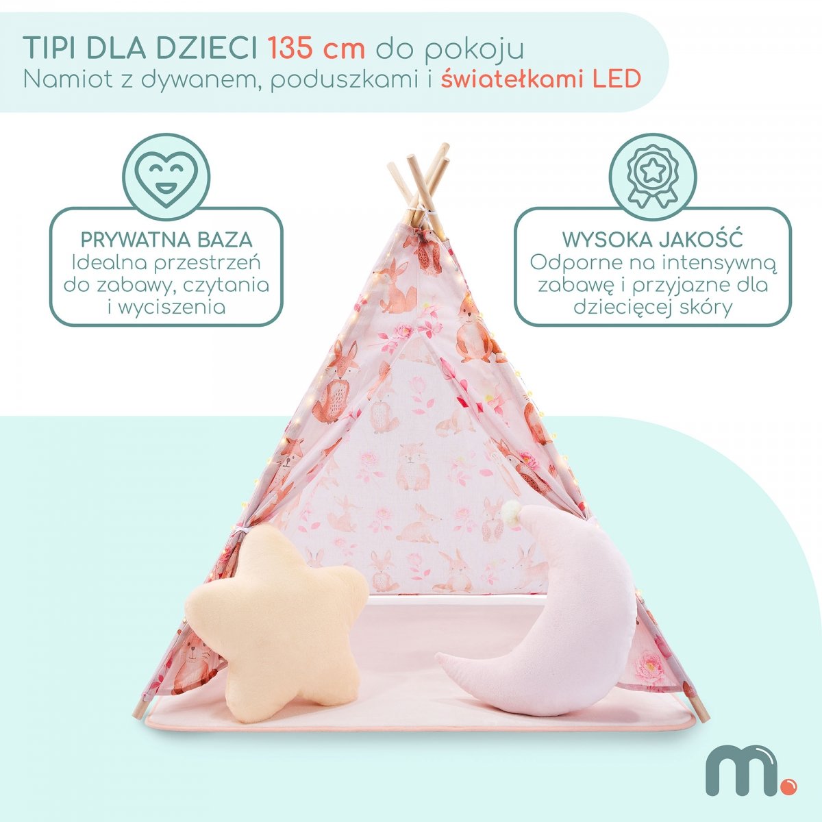 Tipi - namiot dla dziecka do pokoju z dywanem, poduszkami i światełkami LED - 135cm, różowy