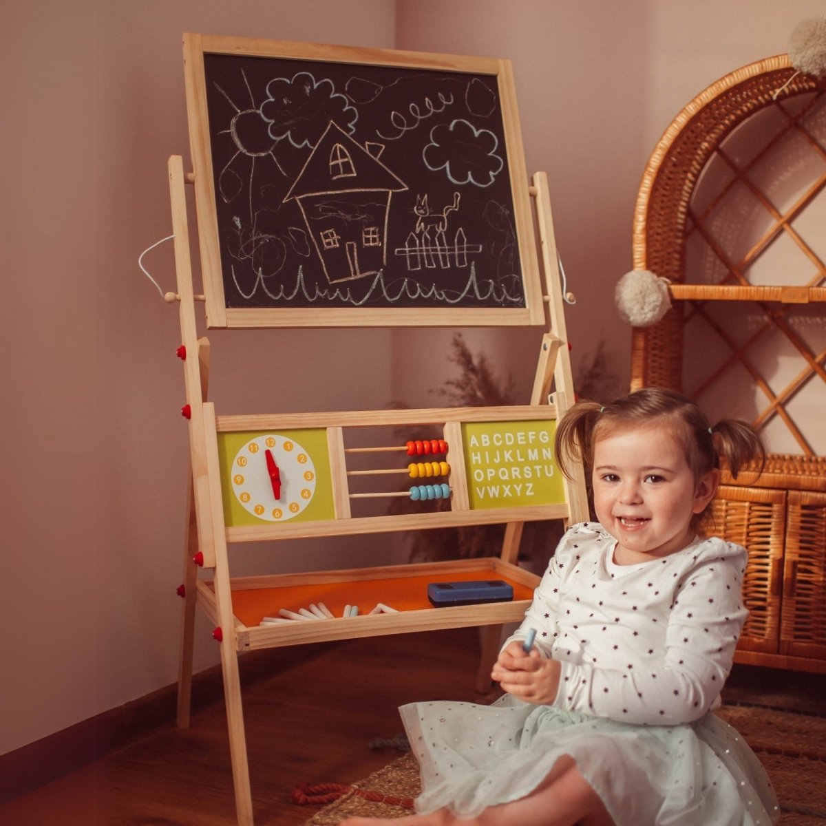 Duża tablica edukacyjna dwustronna: magnetyczna i kredowa - suchościeralna, drewniana