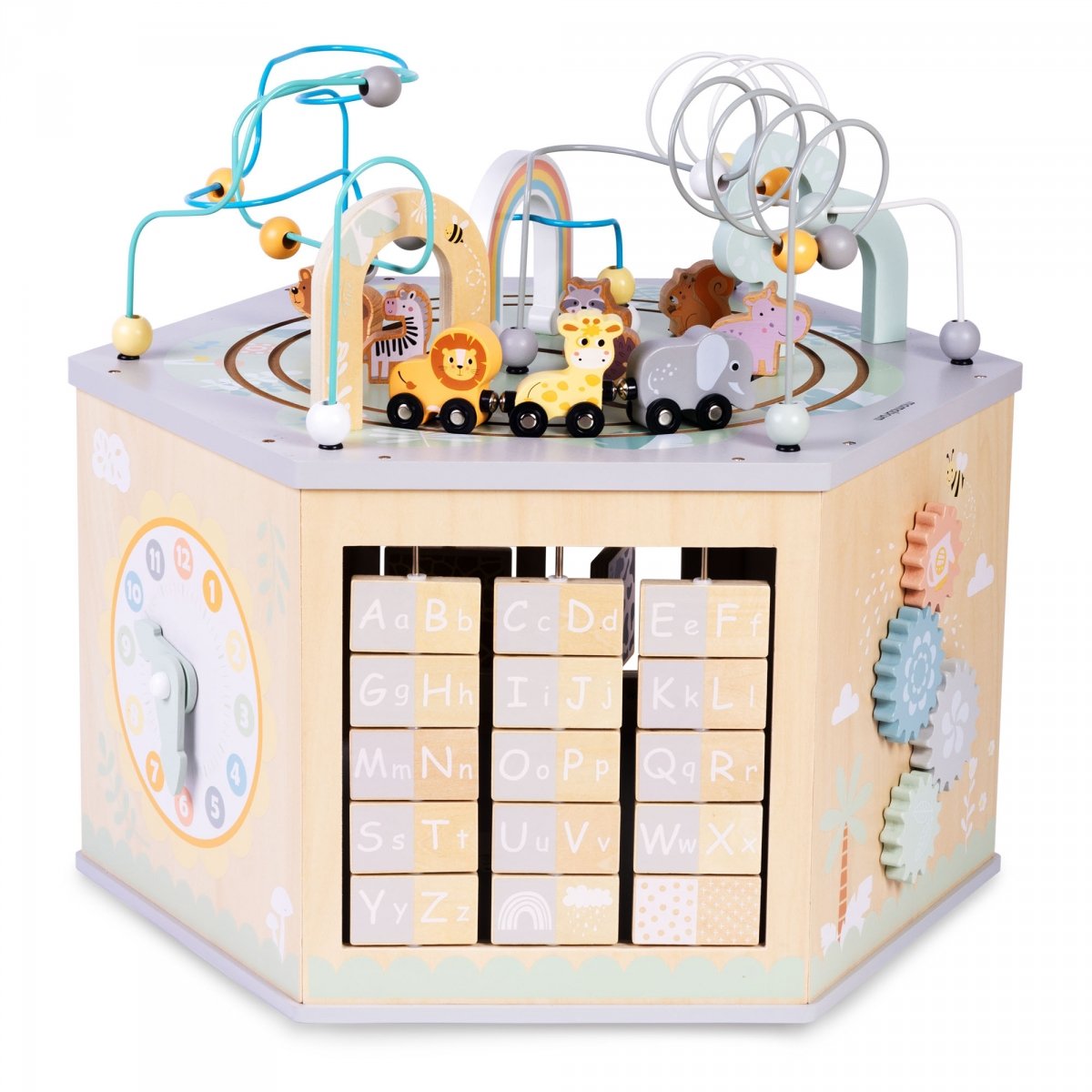 Duża Drewniana Kostka Edukacyjna - zabawka Montessori z magnetyczną kolejką i pętlami motorycznymi