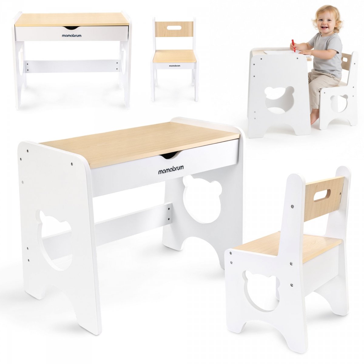 Zestaw dla dzieci - biały, drewniany stolik - biurko z szufladą i krzesełkiem - Miś