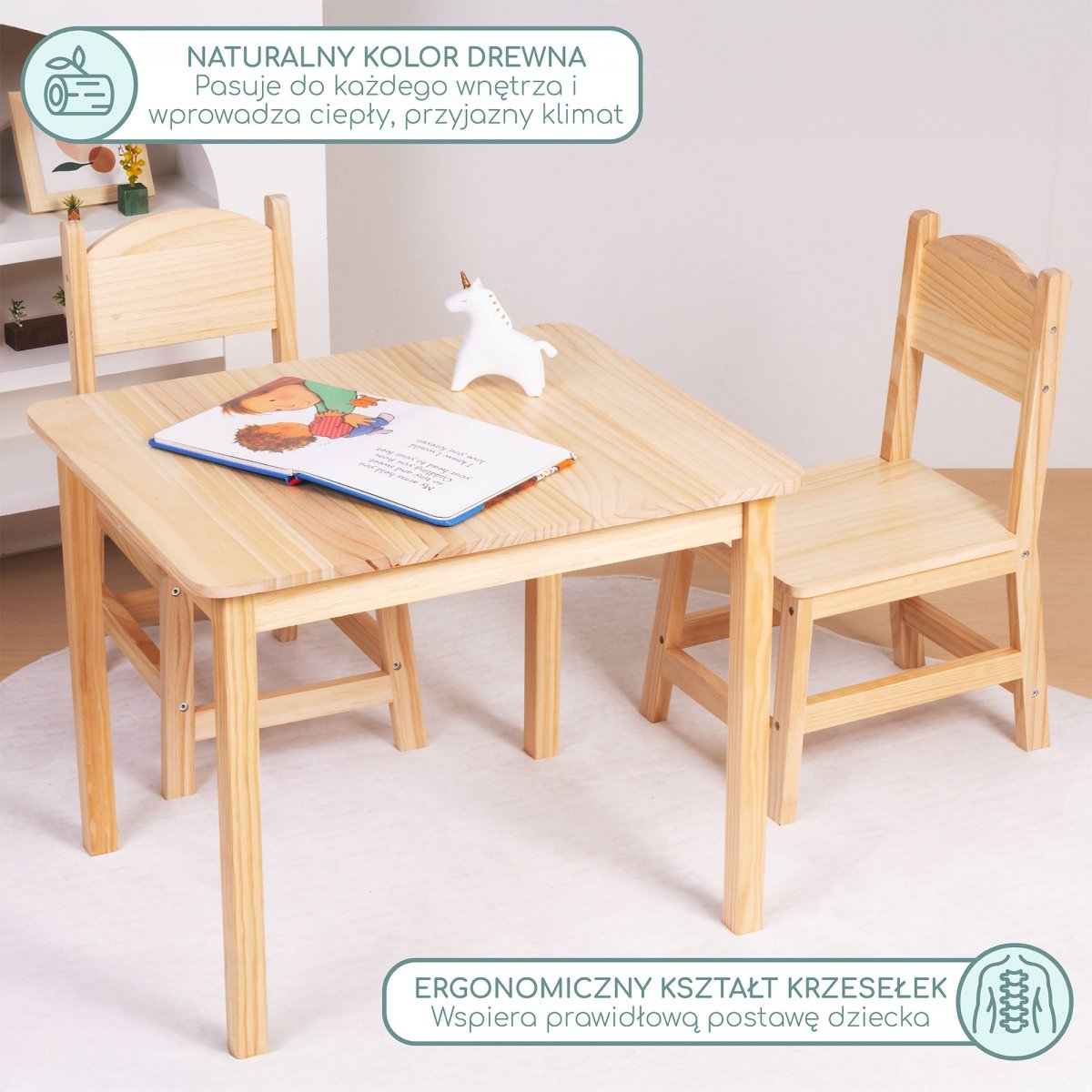Drewniany stolik i 2 krzesełka - zestaw dla dzieci
