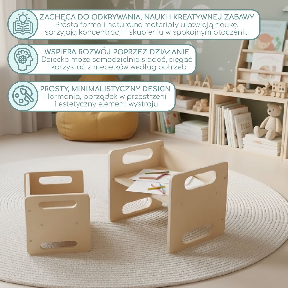 Drewniany stolik i krzesełko z funkcją podestu – multifunkcyjny zestaw Montessori dla dzieci