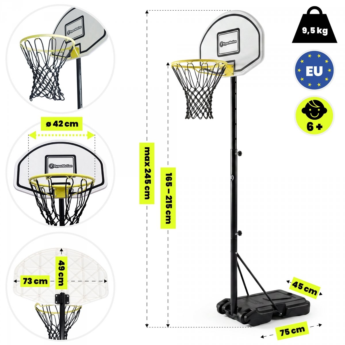 Wolnostojący kosz do koszykówki dla dzieci z regulacją wysokości 165–215 cm, tablica 73 × 49 cm - HyperMotion