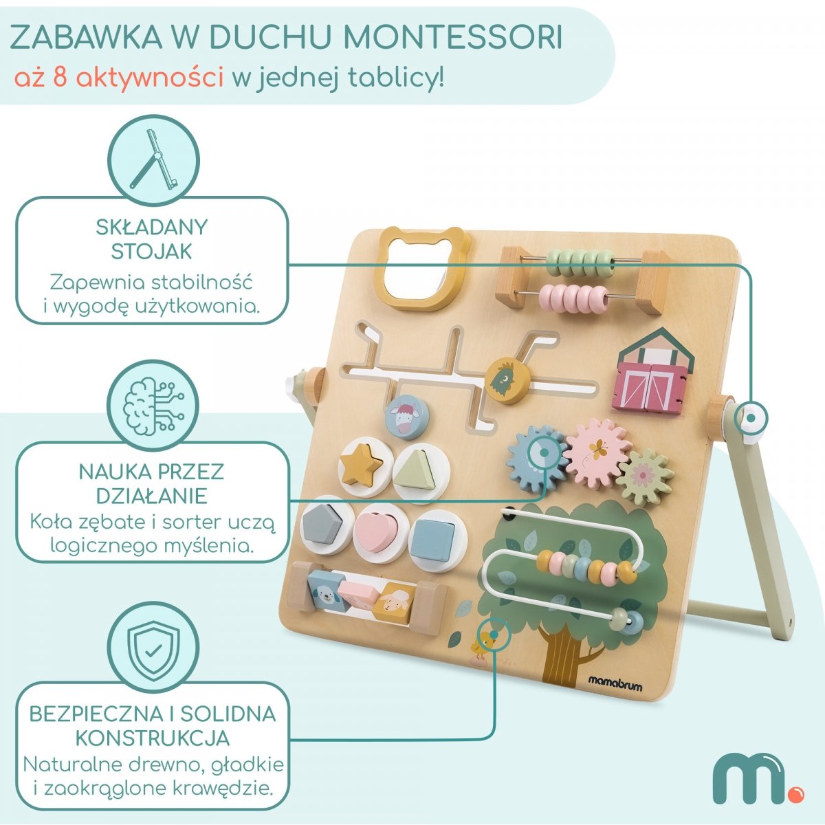 Drewniana Tablica Manipulacyjna Montessori 8 w 1 ze stojakiem Sensoryczna, Edukacyjna - Farma