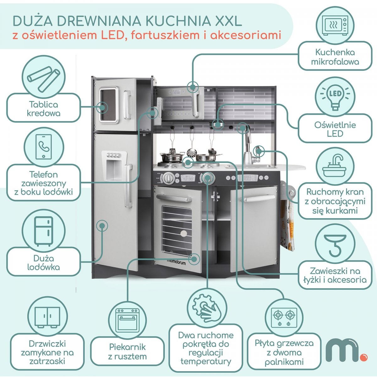 Kuchnia drewniana XXL z oświetleniem LED, fartuszkiem i akcesoriami