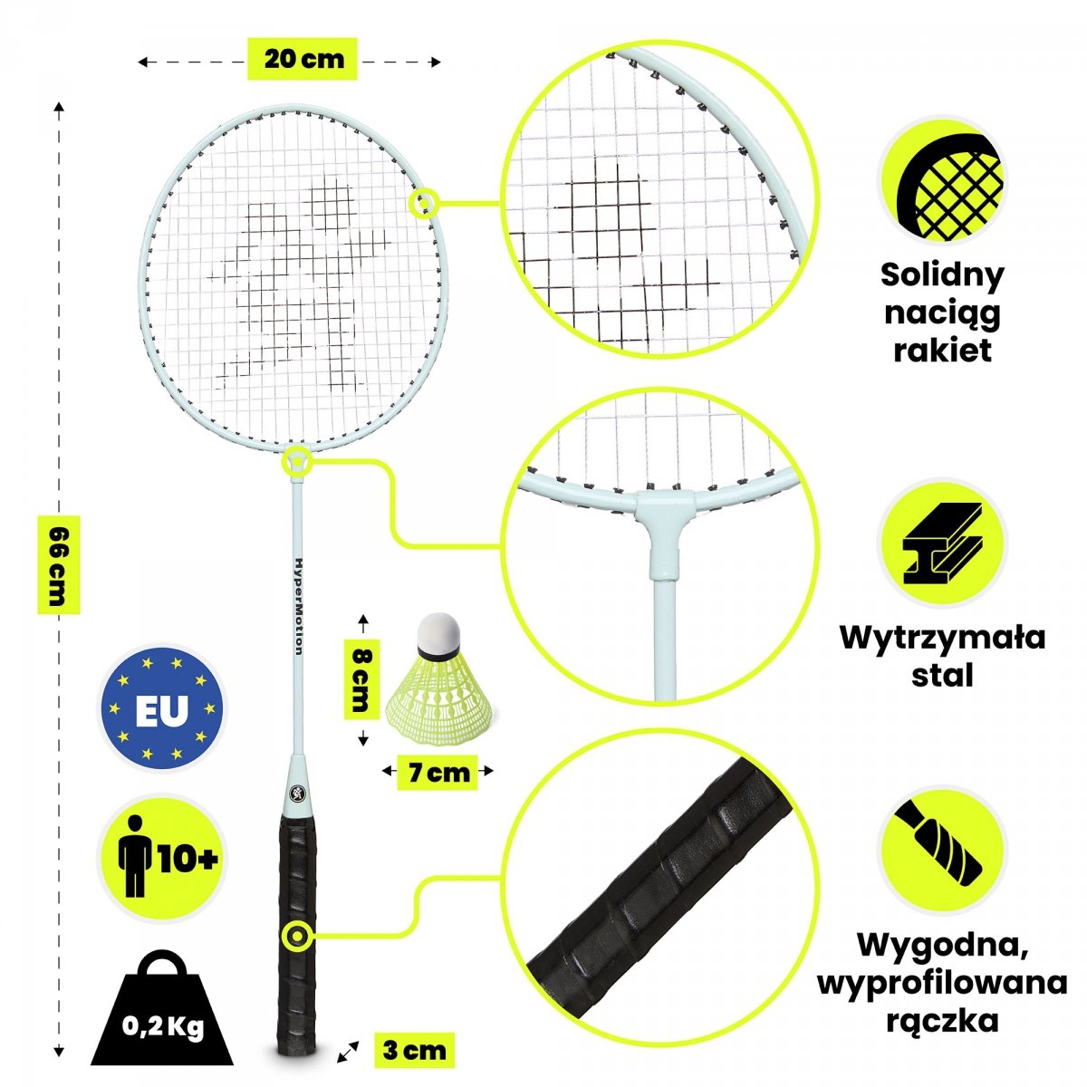 Zestaw do gry w badmintona HyperMotion – 2 rakiety, lotka - kolor szałwiowy
