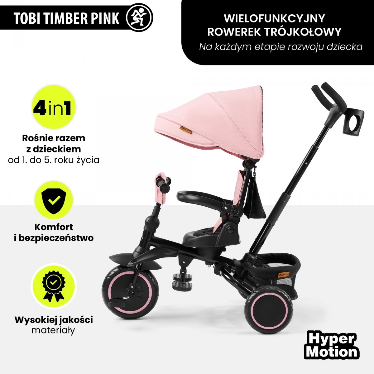 Rowerek trójkołowy HyperMotion TOBI TIMBER – składany, wielofunkcyjny, różowy