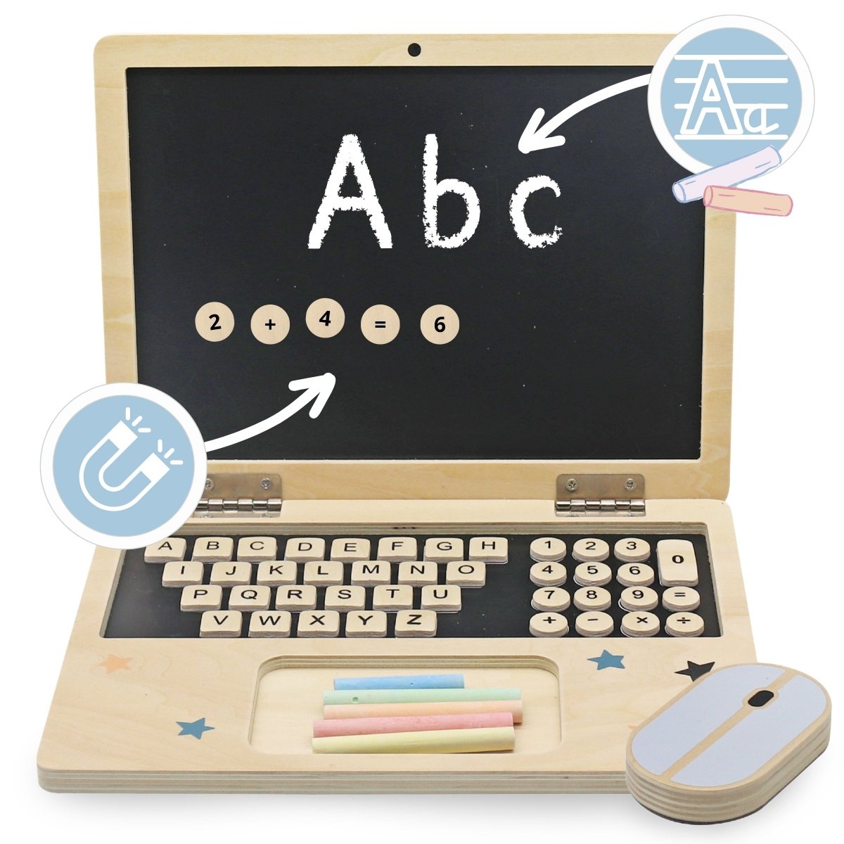 Drewniany laptop z myszką - tablica magnetyczna + kredowa