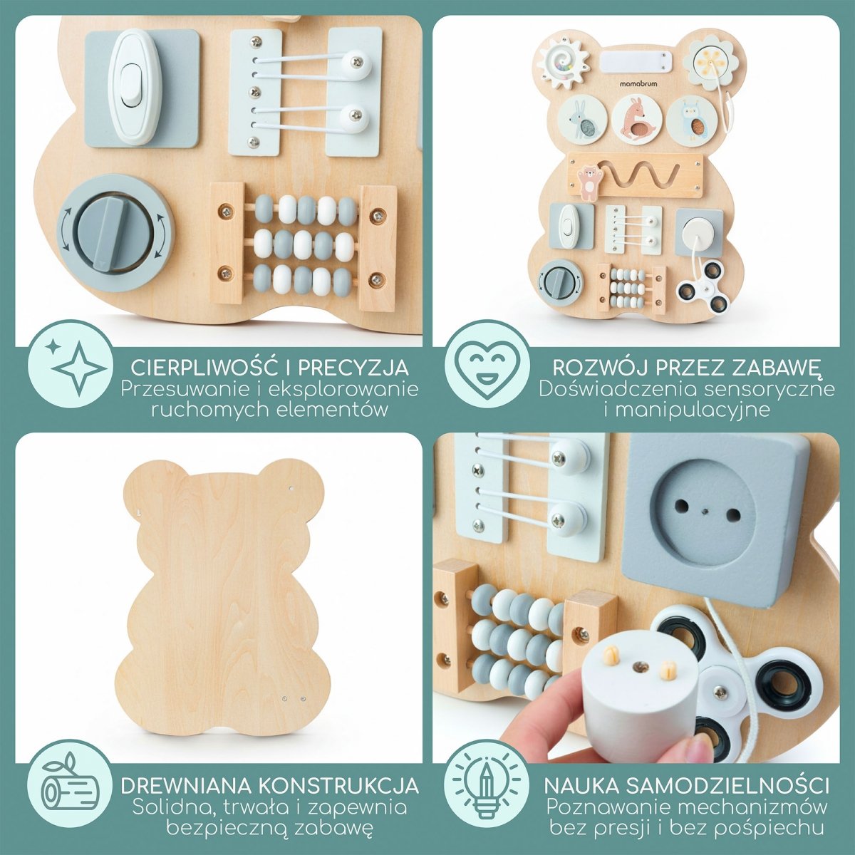 Drewniana tablica manipulacyjna Montessori Miś – sensoryczna nauka samodzielności: rzep, wtyczka, labirynt, klikające pokrętło