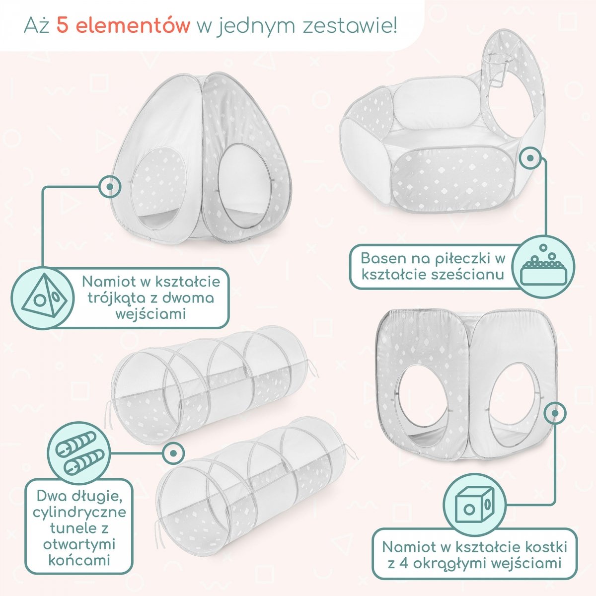 Duży zestaw do zabawy 5 w 1 - dwa namioty, tunele, basen na piłki - plac zabaw dla dziecka do pokoju i ogrodu, labirynt