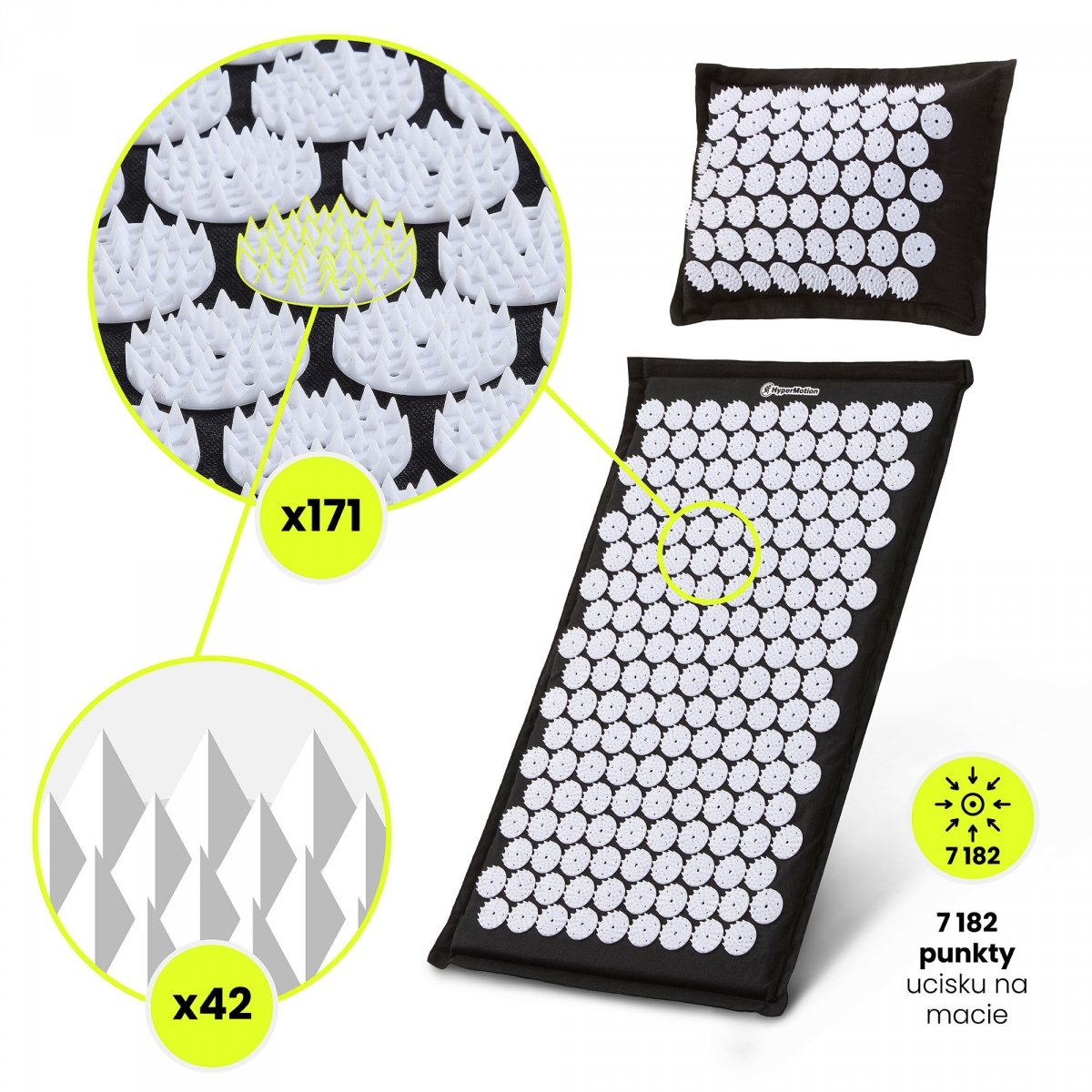Mata do akupresury ECO lniana z włóknem kokosowym i poduszką z gryki – 68 cm HyperMotion czarno-biała