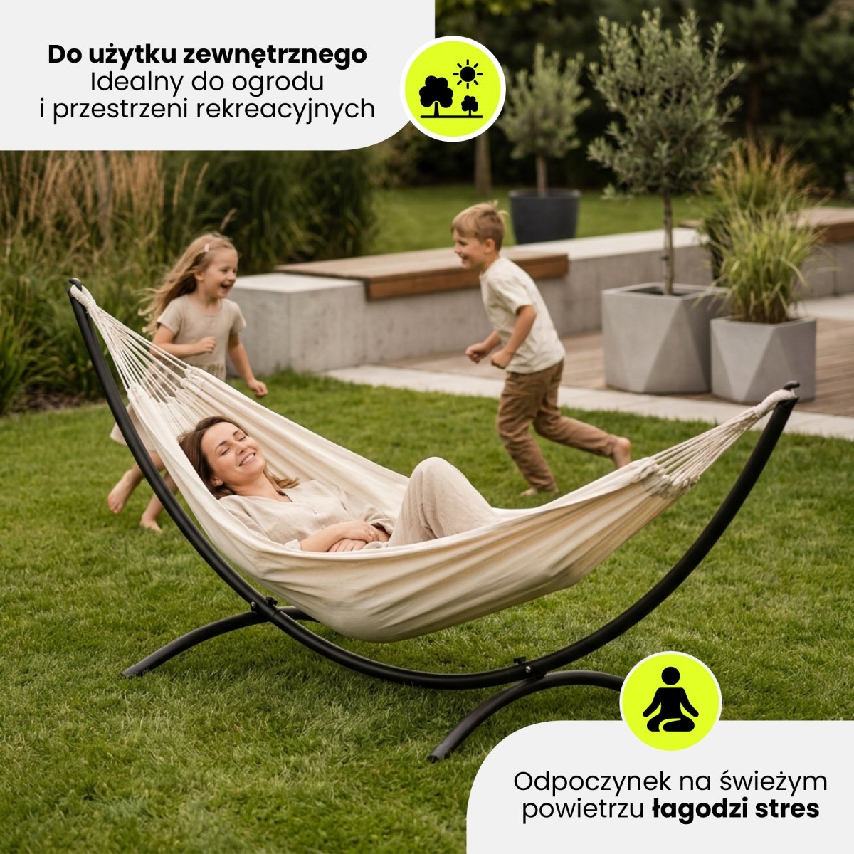 Zestaw hamak ogrodowy + stelaż metalowy łukowy – gotowa strefa relaksu