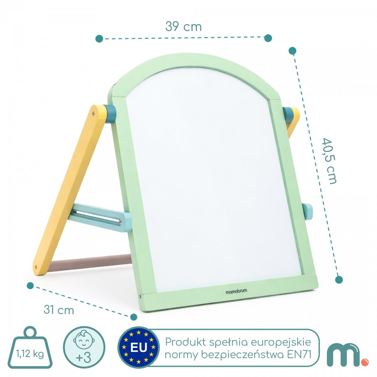 Drewniana tablica edukacyjna dla dzieci - dwustronna, magnetyczno-kredowa ze składanym stojakiem