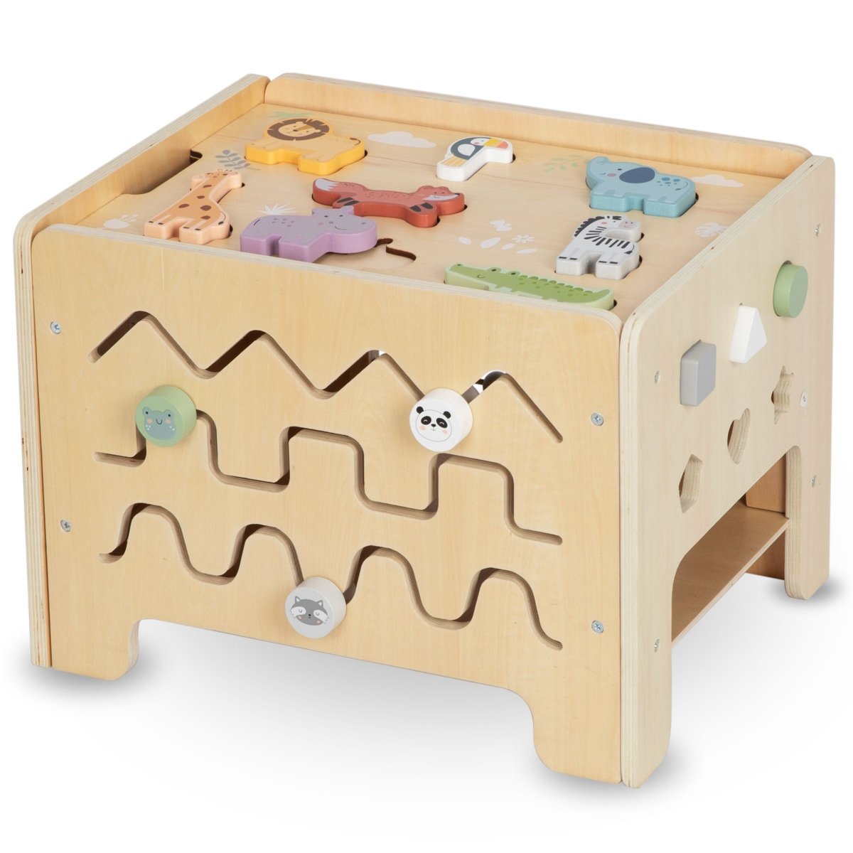 Drewniana skrzynia manipulacyjna - tablica Montessori z figurkami zwierząt i siedziskiem