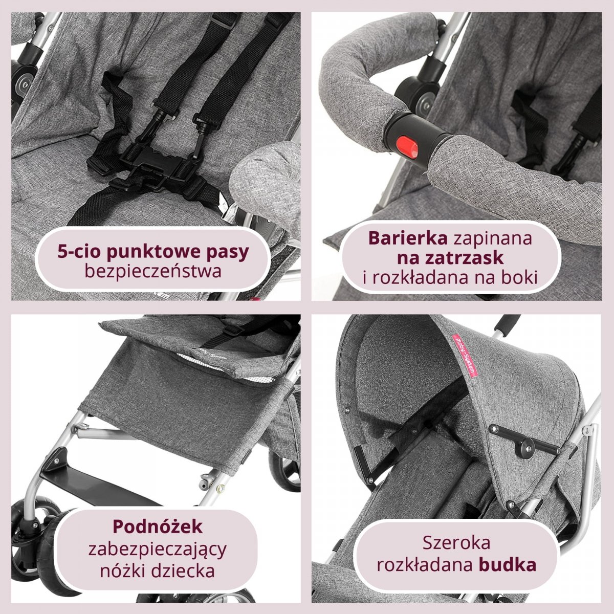 Lekki wózek spacerowy Moby-System BARTON - Szary - parasolka, spacerówka