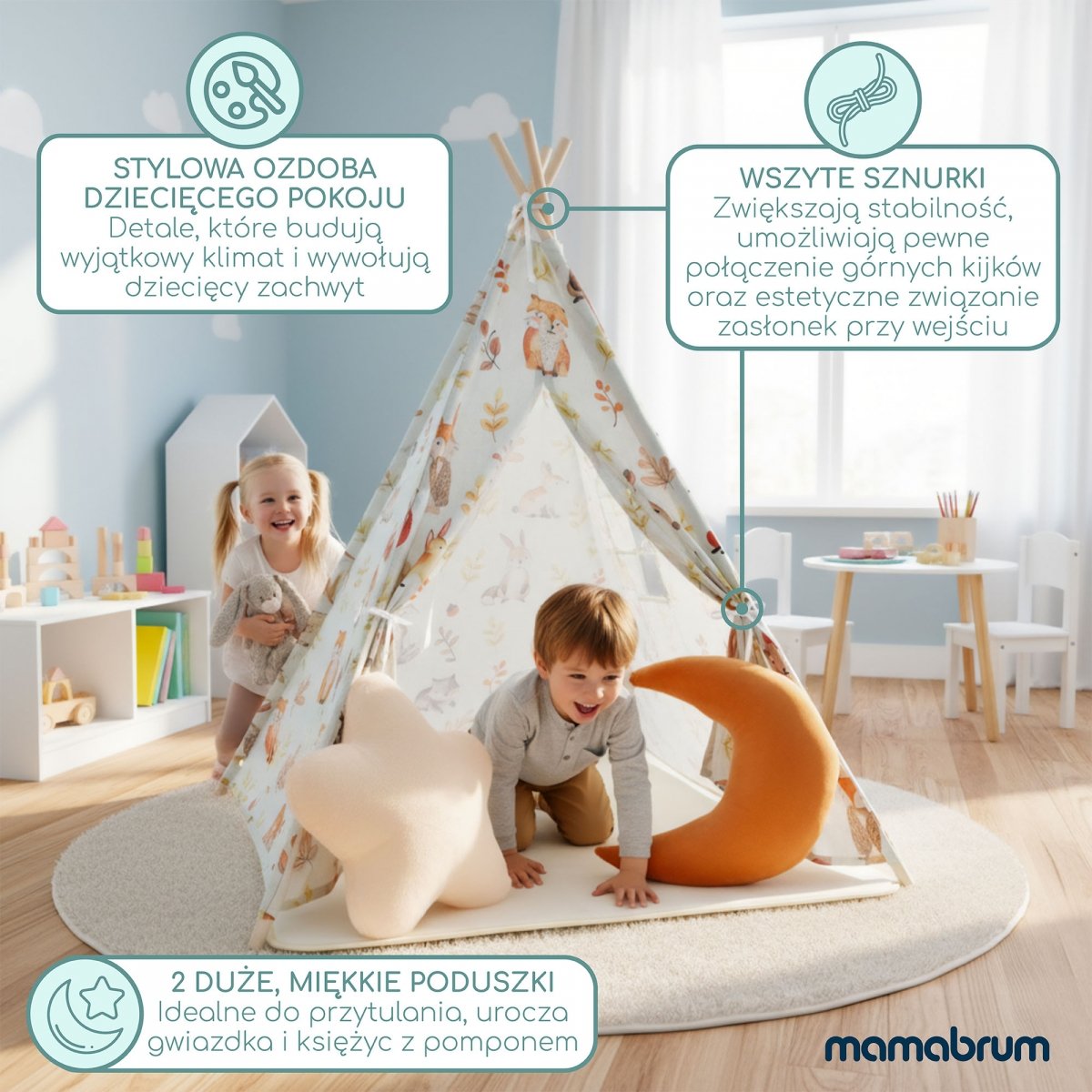 Tipi - namiot dla dziecka do pokoju z dywanem, poduszkami i światełkami LED - 135cm