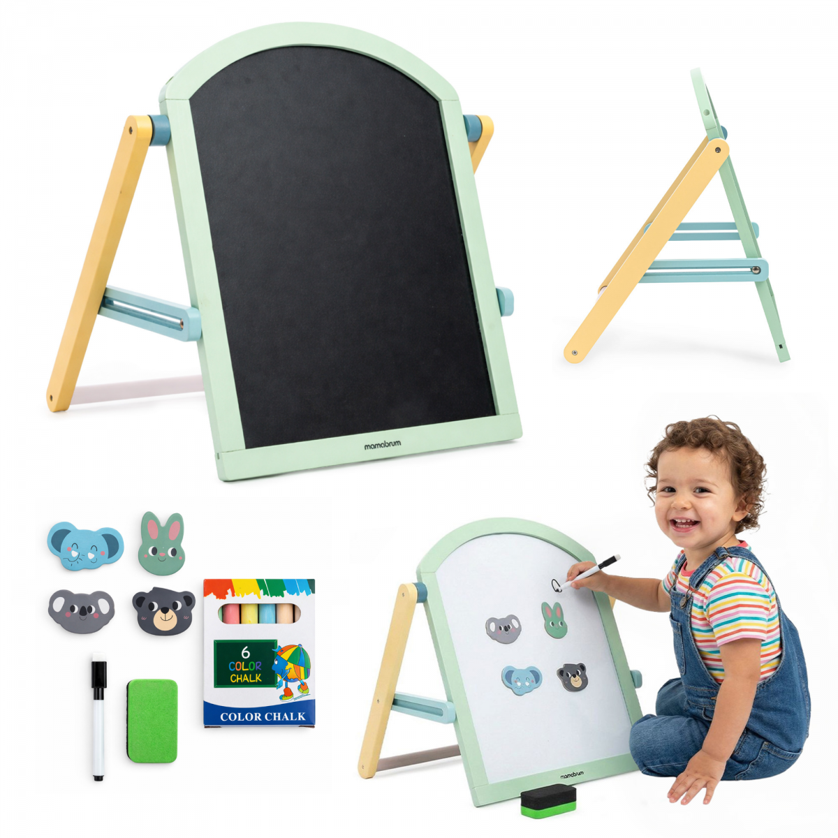 Drewniana tablica edukacyjna dla dzieci - dwustronna, magnetyczno-kredowa ze składanym stojakiem