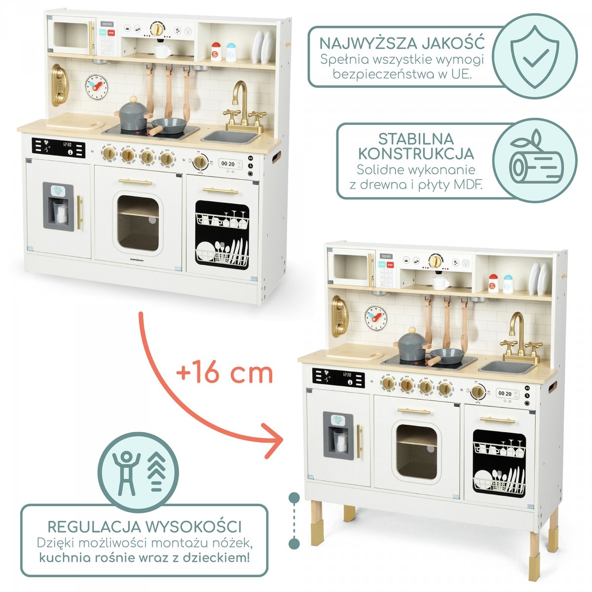 Interaktywna drewniana kuchnia XXL z akcesoriami i oświetleniem LED - dwupoziomowa