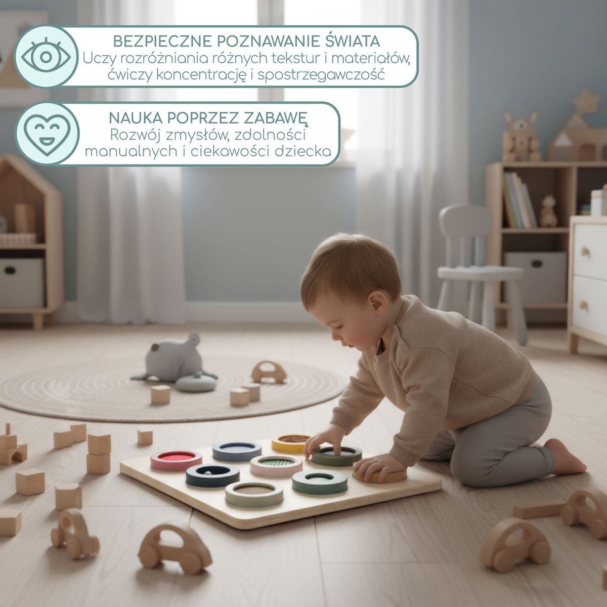 Drewniana tablica sensoryczna Montessori – 9 tekstur do odkrywania i ćwiczenia zmysłu dotyku