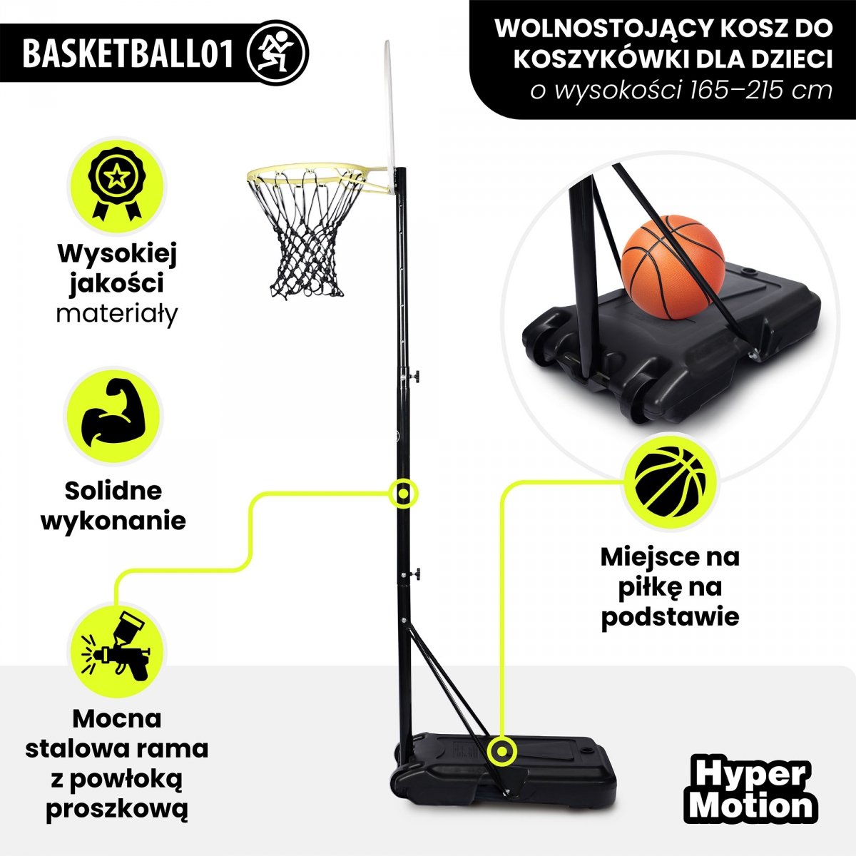 Wolnostojący kosz do koszykówki dla dzieci z regulacją wysokości 165–215 cm, tablica 73 × 49 cm - HyperMotion
