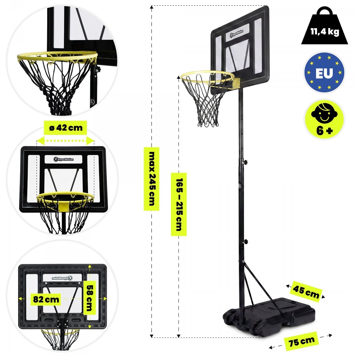  Wolnostojący kosz do koszykówki dla dzieci z regulacją wysokości 165–215 cm, tablica 82 × 58 cm - HyperMotion