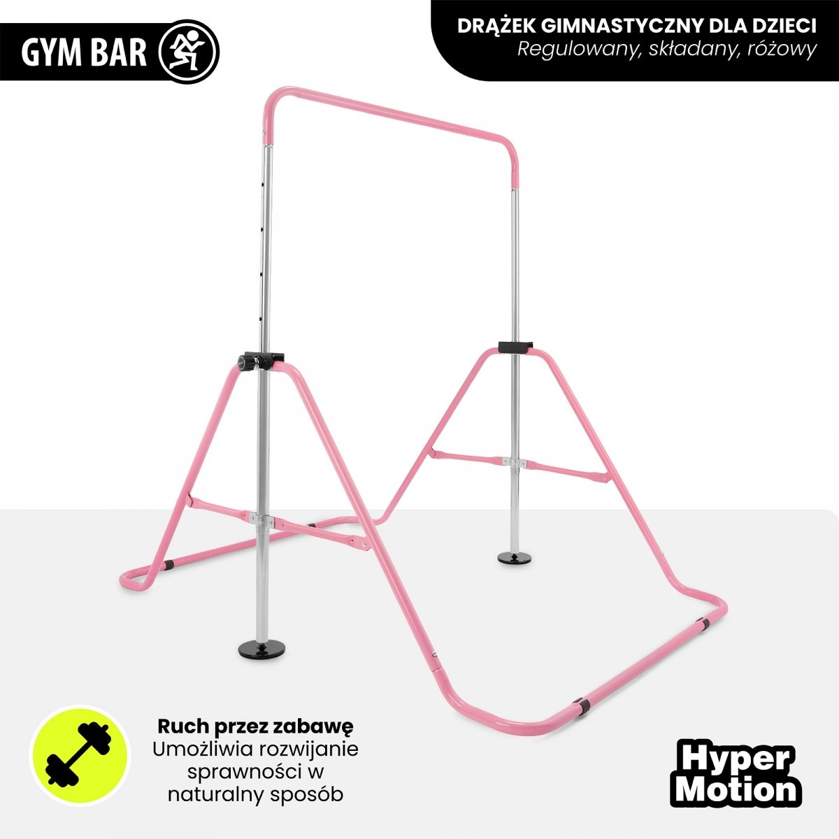 Regulowany drążek gimnastyczny dla dzieci - składany HyperMotion różowy