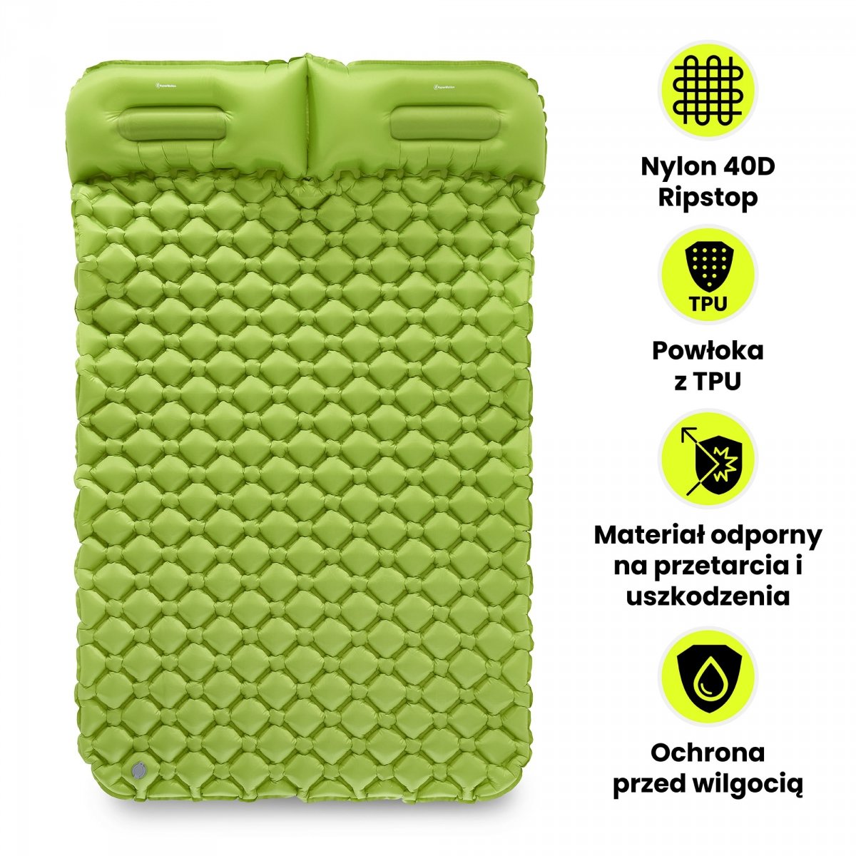 Ultralekki materac dmuchany dwuosobowy do spania na kemping i trekking HyperMotion Campmat – 190x120 cm – zielony