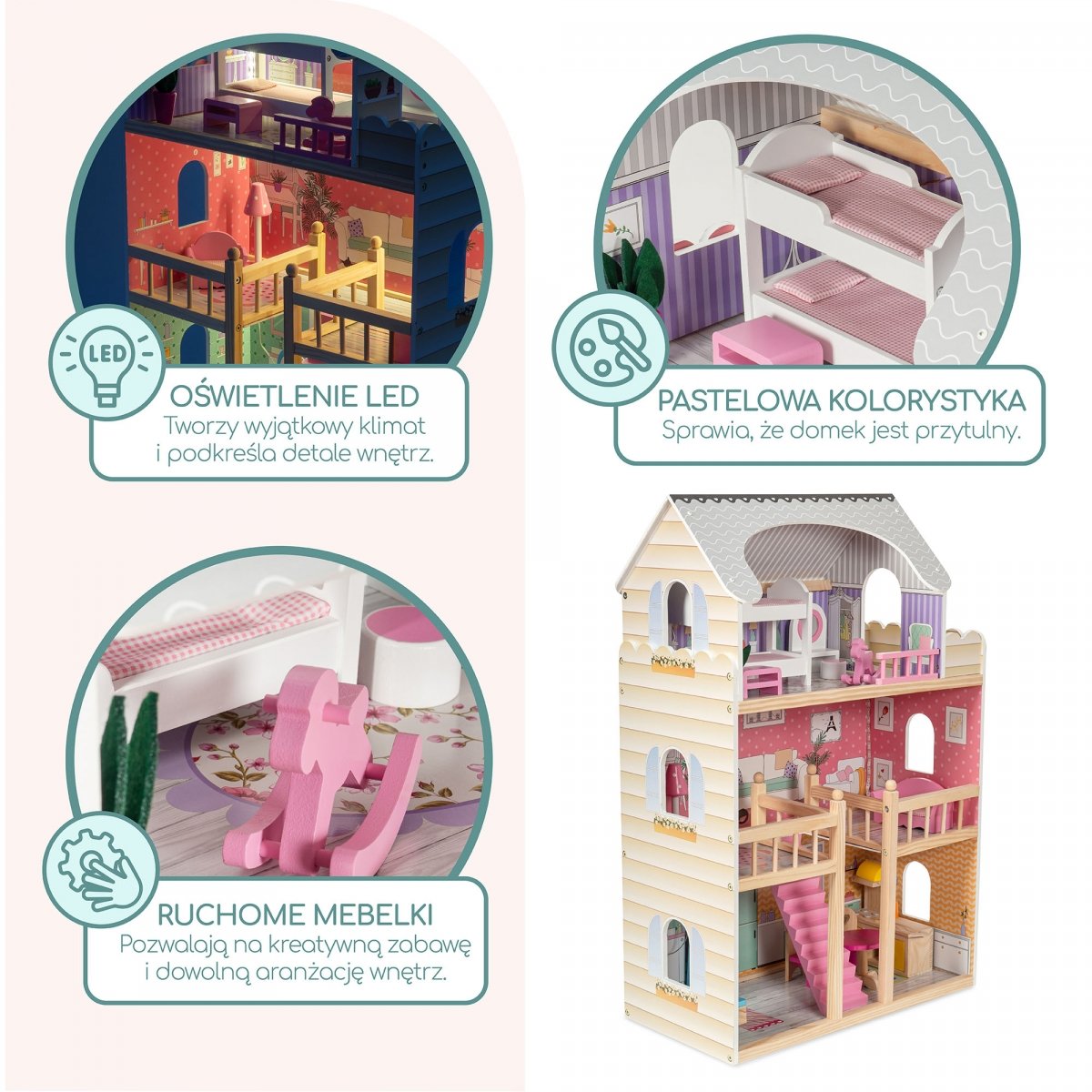 Duży drewniany 3-piętrowy domek dla lalek z tarasem, zestawem mebli i oświetleniem LED!