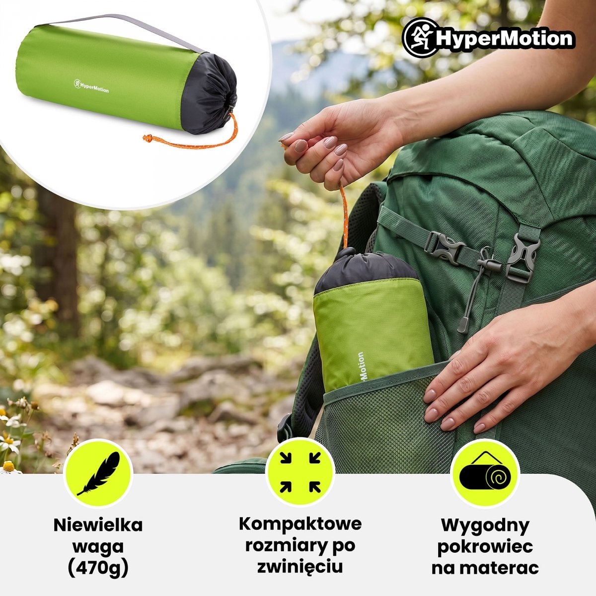 Ultralekki materac dmuchany jednoosobowy do spania na kemping i trekking HyperMotion Campmat – 190x56 cm – zielony