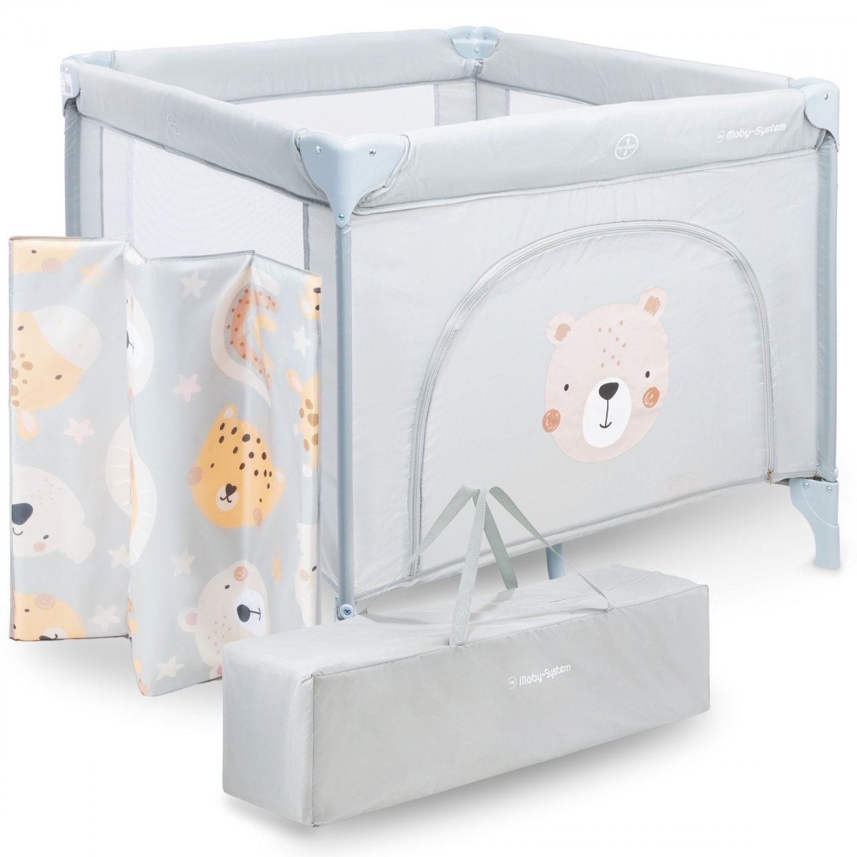 Składany kojec, łóżeczko turystyczne dla dzieci z materacem i torbą transportową - Teddy Bear