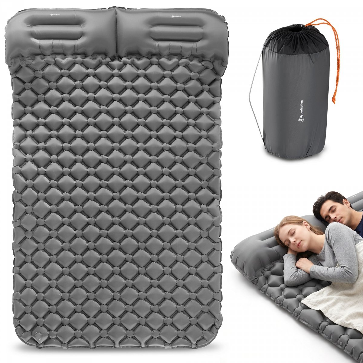 Ultralekki materac dmuchany dwuosobowy do spania na kemping i trekking HyperMotion Campmat – 190x120 cm – szary