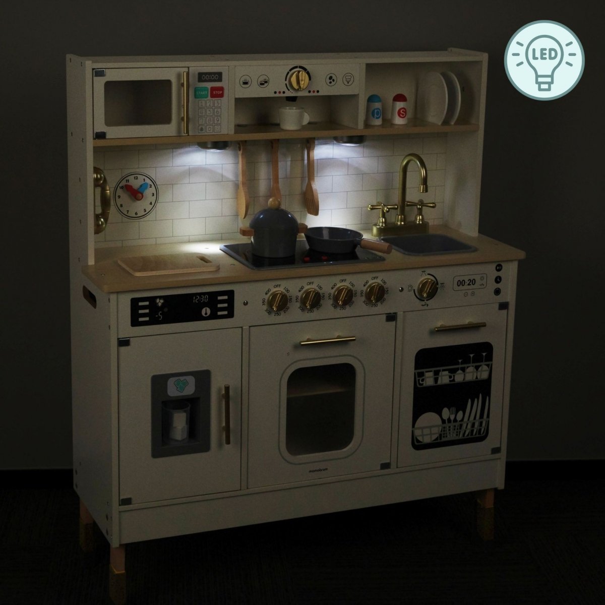 Interaktywna drewniana kuchnia XXL z akcesoriami i oświetleniem LED - dwupoziomowa