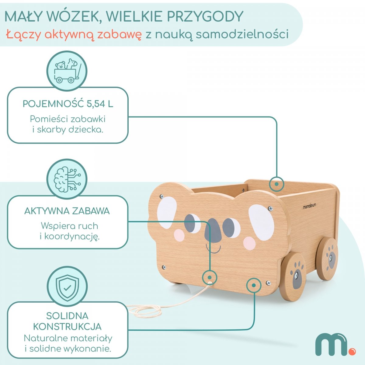Drewniany wózek na zabawki - przyczepka do ciągnięcia dla dzieci - Koala