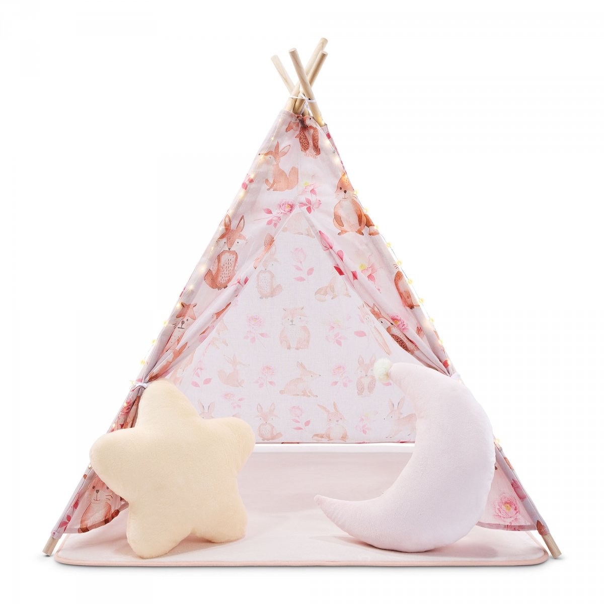 Tipi - namiot dla dziecka do pokoju z dywanem, poduszkami i światełkami LED - 135cm, różowy