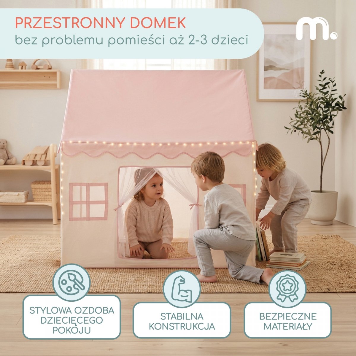 Domek składany XXL - namiot dla dzieci do zabawy, zamek z oknami, do pokoju i ogrodu, z lampkami LED - różowy