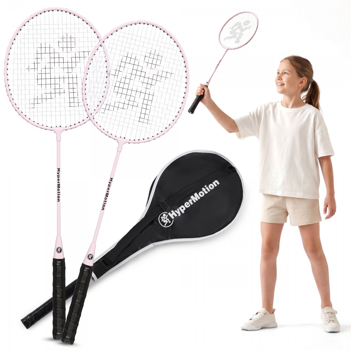 Zestaw rakiet do badmintona HyperMotion – 2 rakiety + pokrowiec, kolor różowy