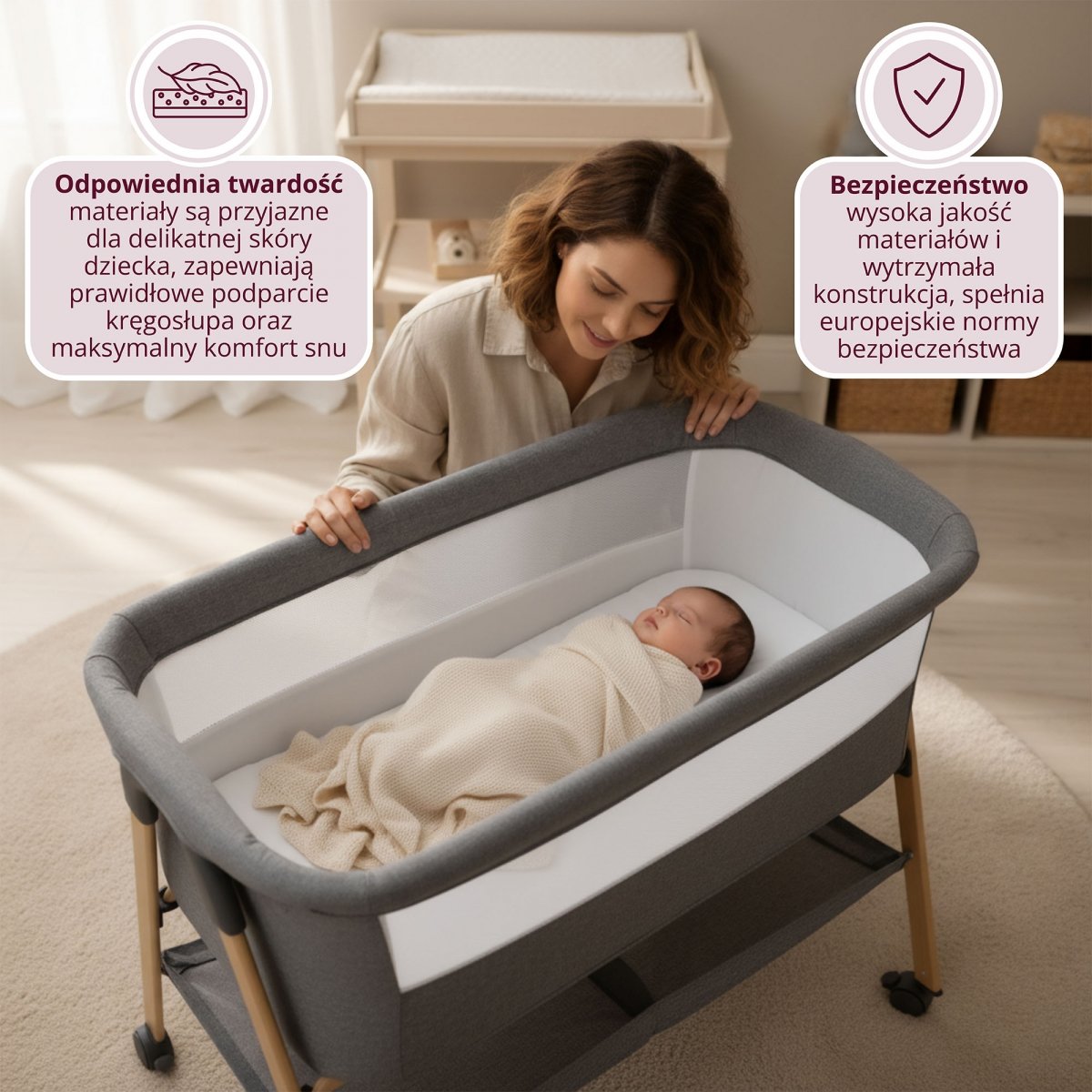Łóżeczko niemowlęce, wolnostojące, turystyczne, kołyska z materacem – szare